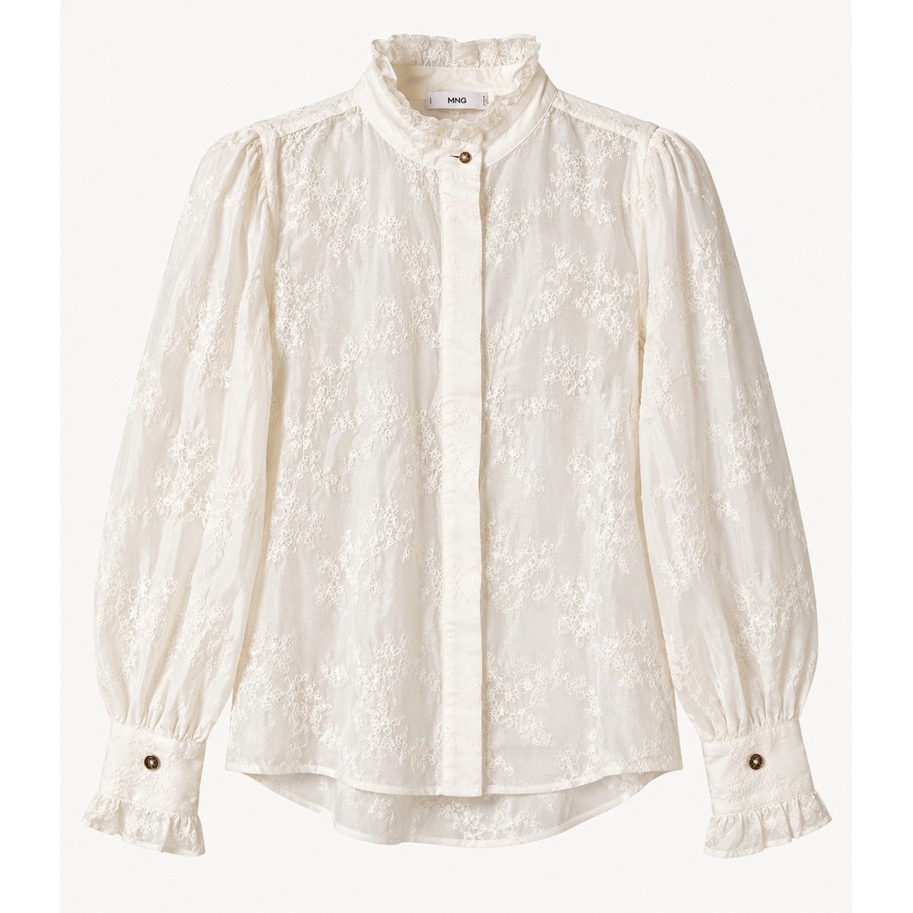 Mango Embroidered Blouse M White High Neck Frill Sheer Floral Romantic Flaw